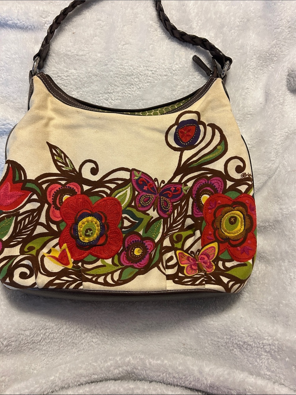 Brighton Cream Shoulder Bag with Red Floral Embroidery